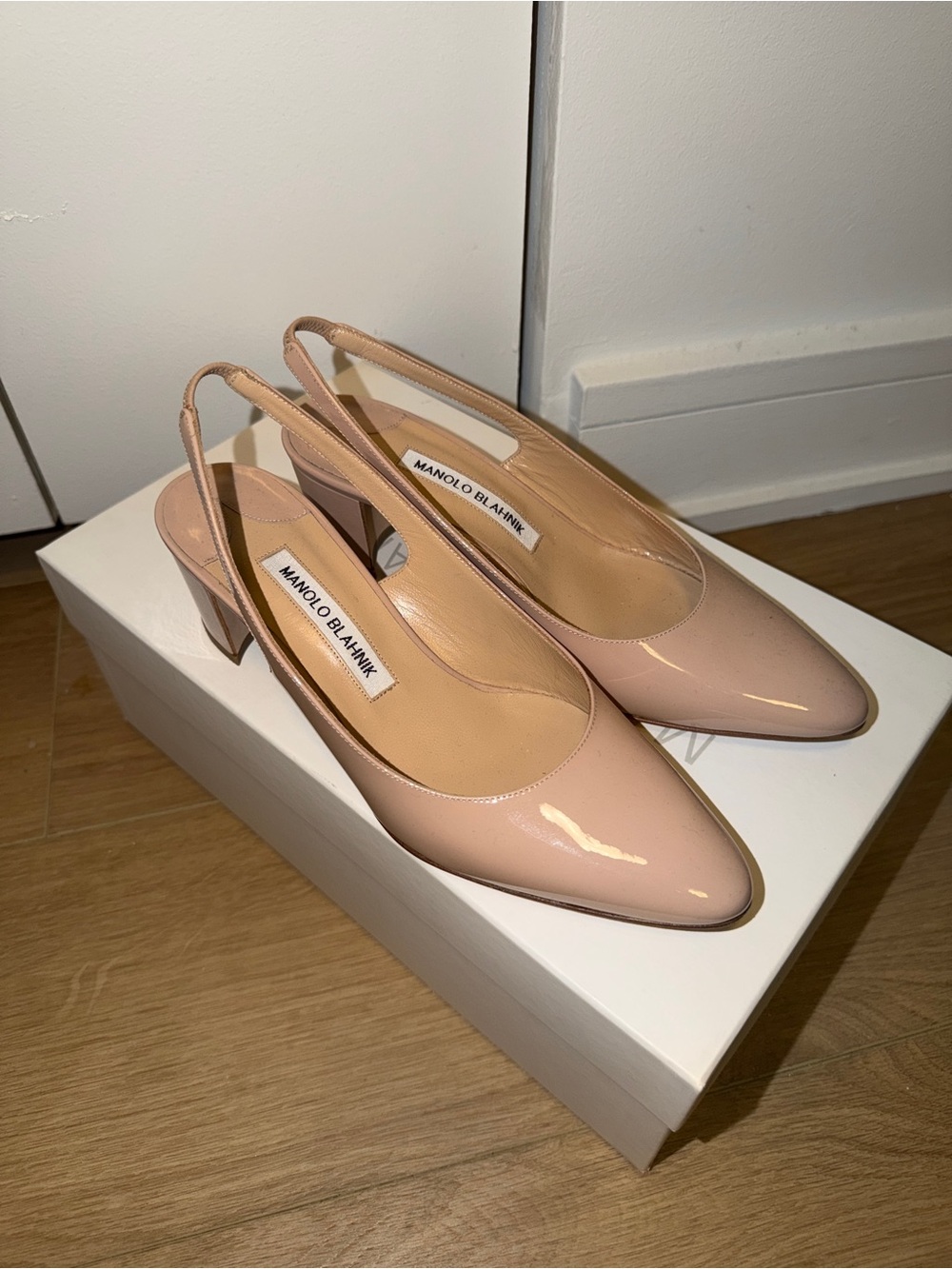Manolo Blahnik Blush Patent Leather Slingback Pumps